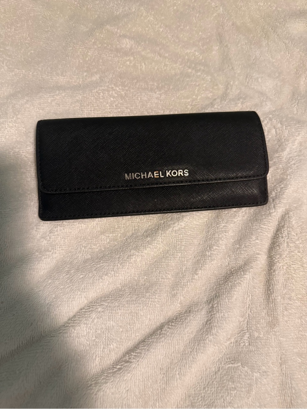 Michael Kors Black Saffiano Trifold Wallet with Gold Logo